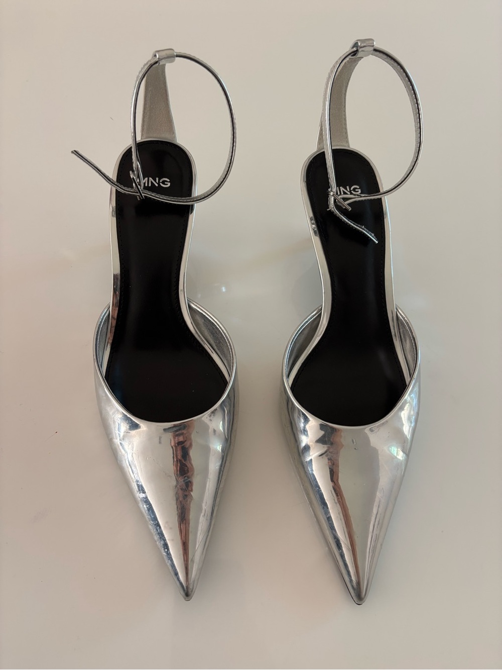 MNG Metallic Silver Pointed Toe Slingback Heels